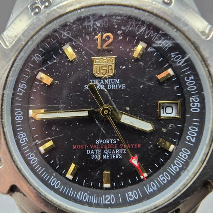 Elgin Solar Watch Men 37mm Black Dial Titanium Date Round FK-1128 NO CROWN PARTS2