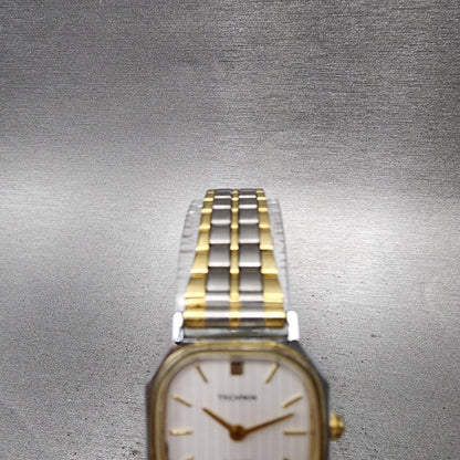 Technos Tank Watch Women 21mm White Dial Two Tone Rectangle New Battery4