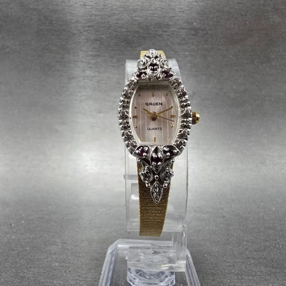Gruen Watch Women 17mm Silver Dial Gold Tone Ovel Gem Set New Battery Vintage5