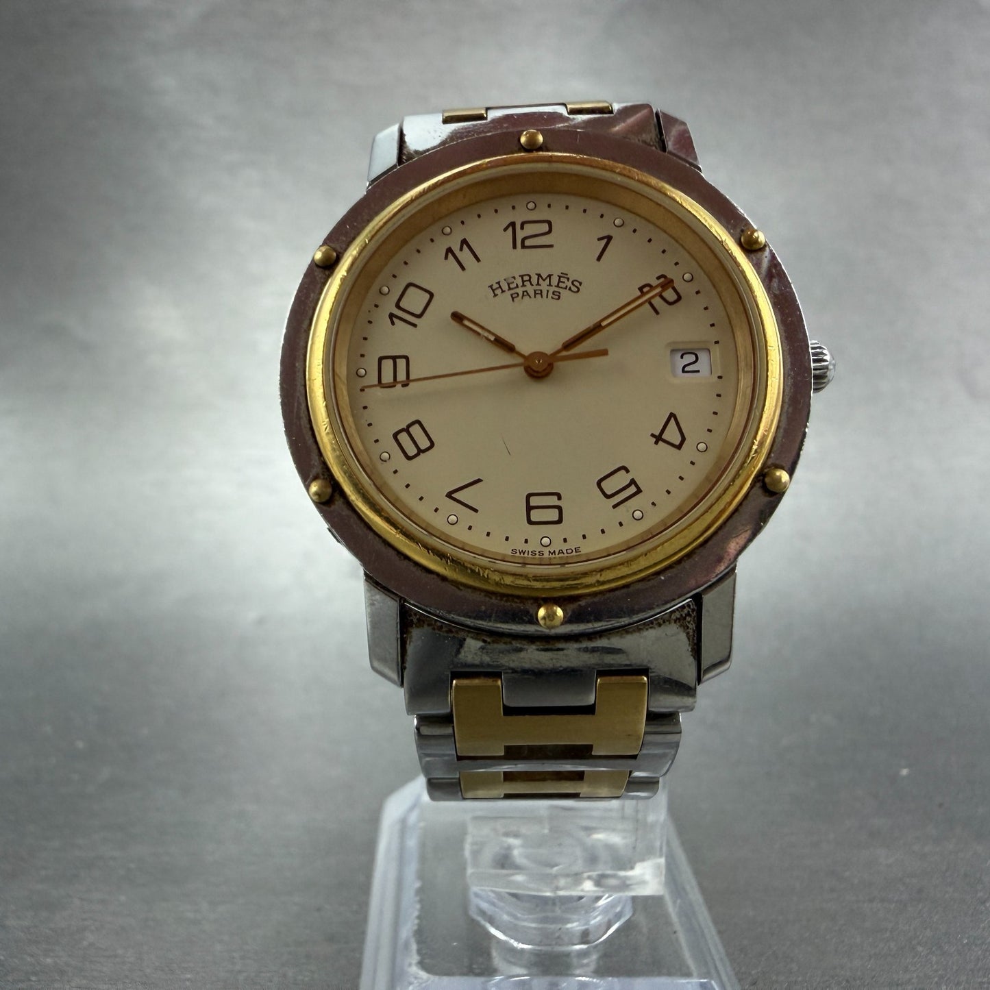 Hermès Clipper watch Men 36mm Cream Dial Two Tone Date Round 751009 New Battery5