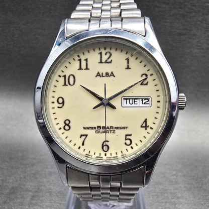 Seiko Alba Watch Men 34mm Luminous Dial Silver Tone Date V733-6C20 New Battery D0