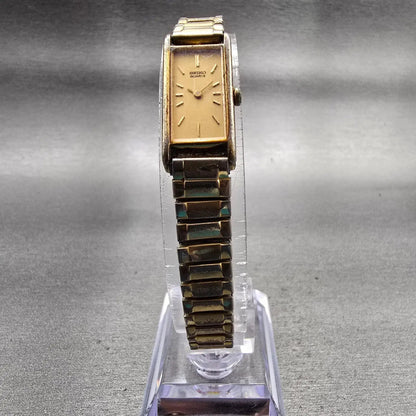 Seiko Watch Women 12mm Gold Dial Gold Tone Rectangle 2E20-5239 New Battery VTG5