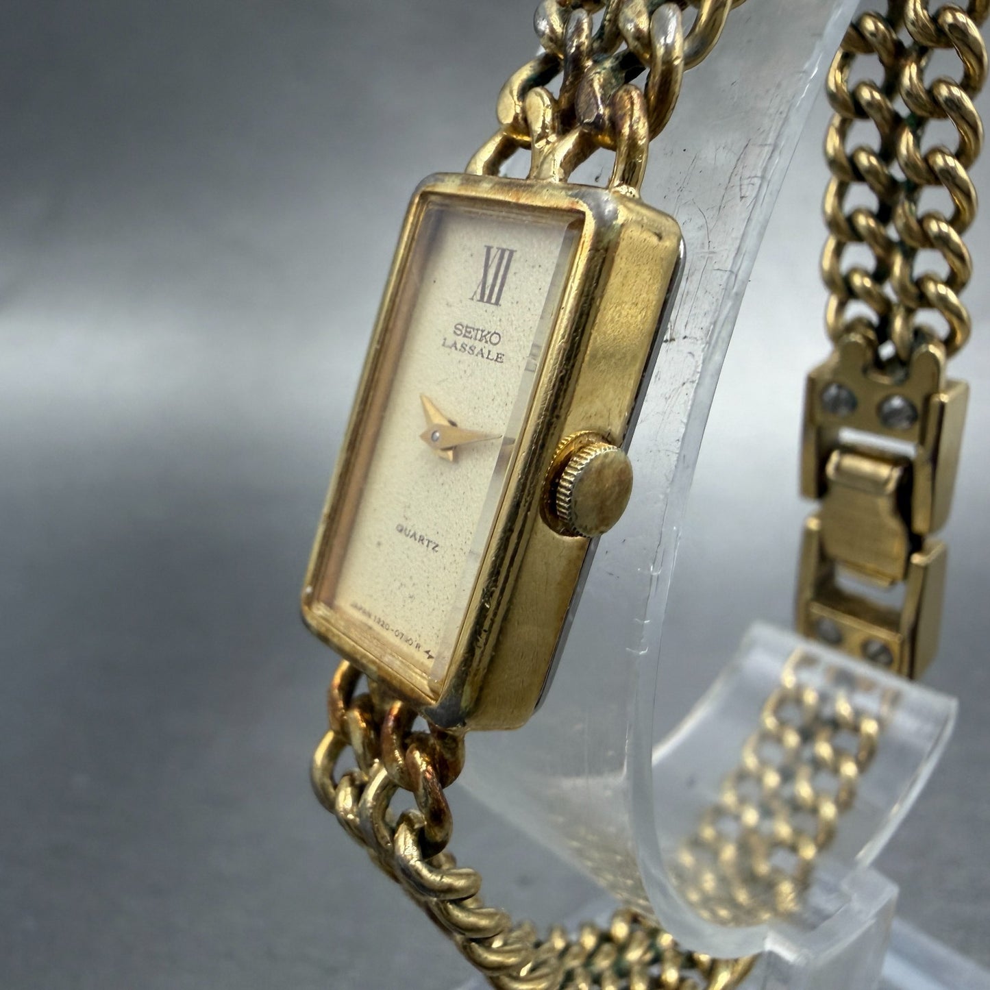Seiko Lassale Tank Watch Women 12mm Champagne Dial Gold Tone 1320-5259 New Batt4