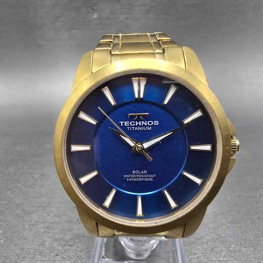 Technos Solar Watch Men 38mm Blue Dial Gold Tone Titanium Round T9A94 Runs0