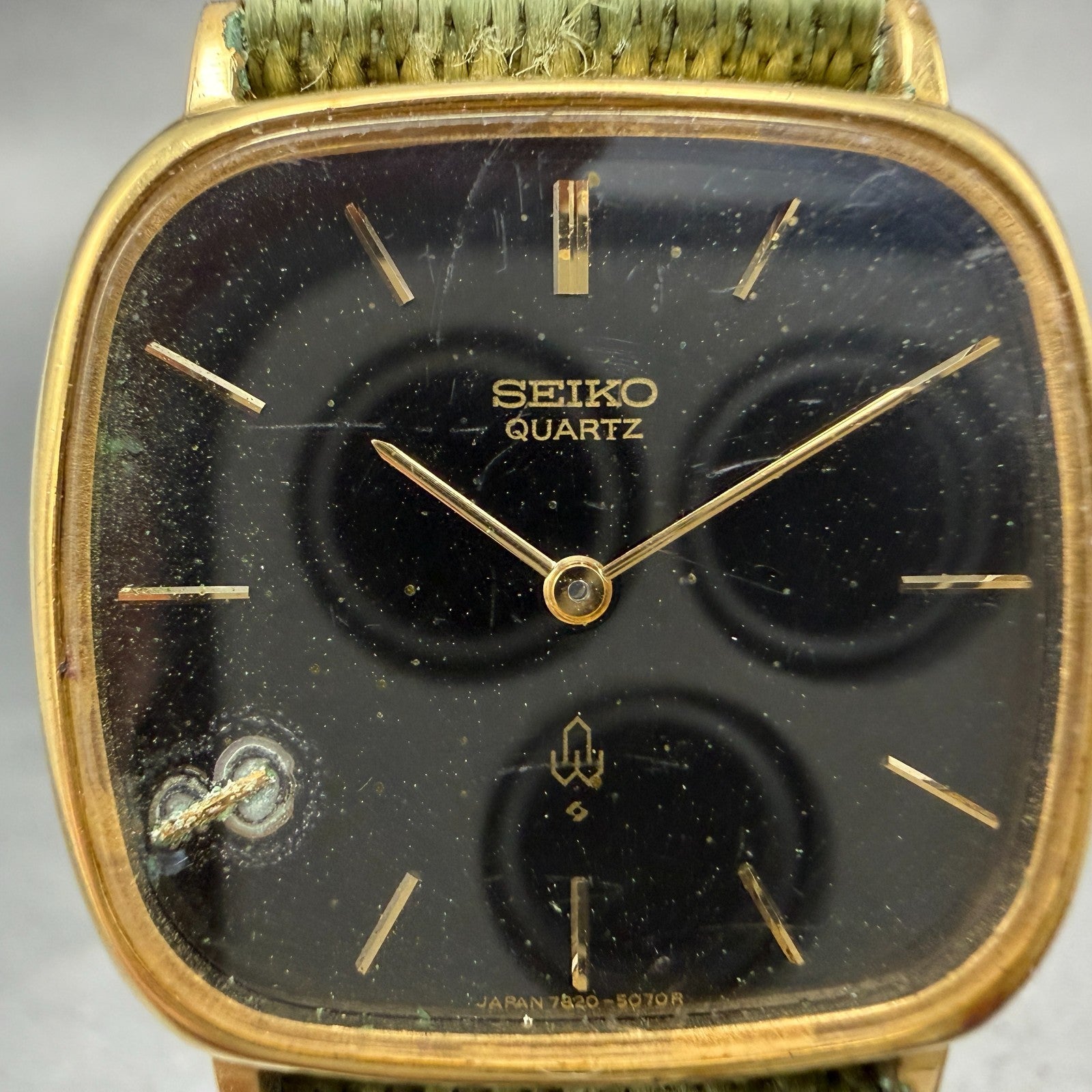 Seiko Watch Men 31mm Black Dial Gold Plated Rectangle 7820-5050 New Battery GF61