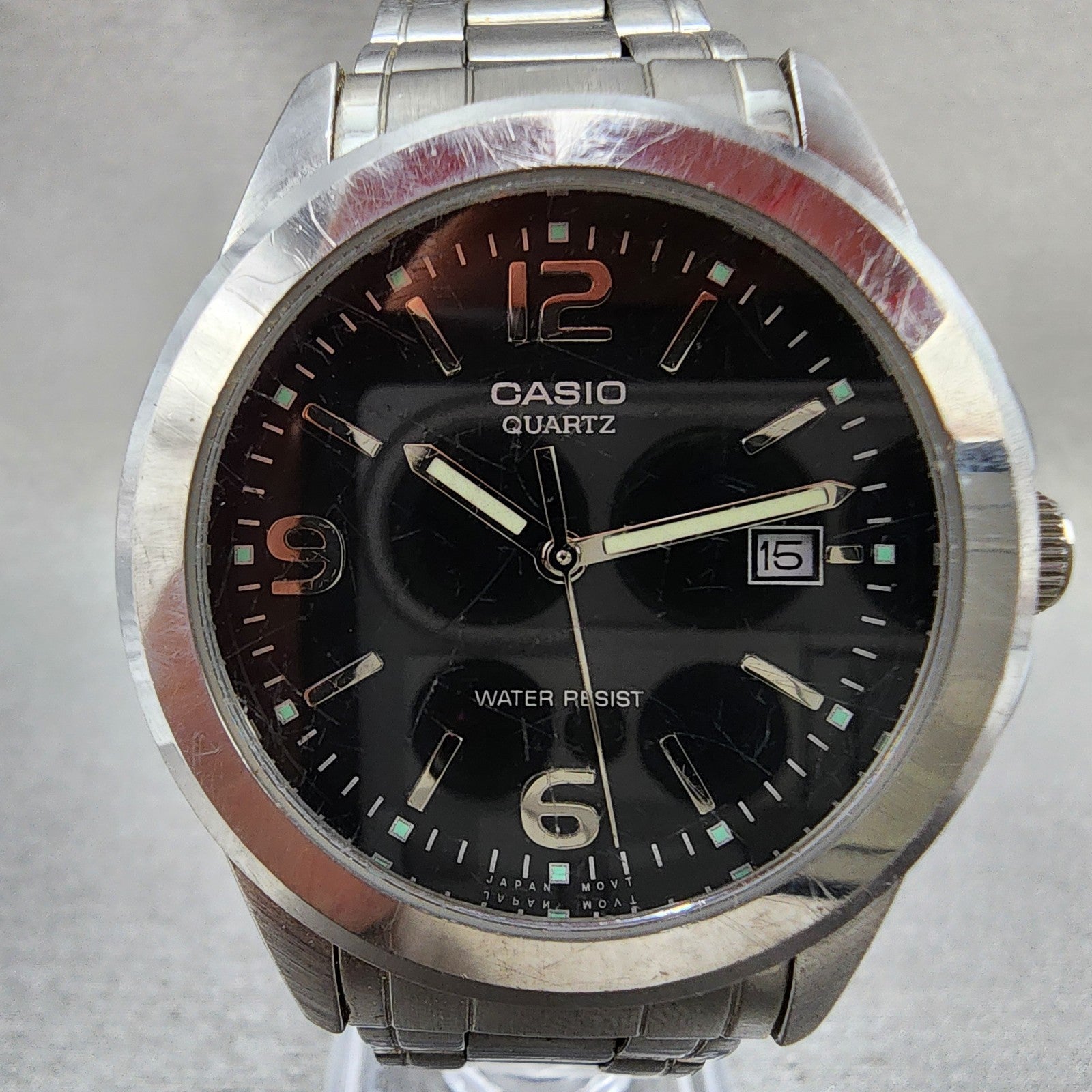Casio Watch Men 37mm Black Dial Silver Tone Date Round MTP1215 New Battery1