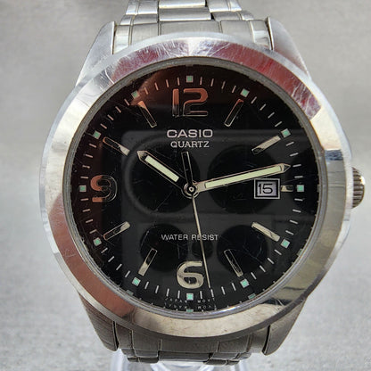 Casio Watch Men 37mm Black Dial Silver Tone Date Round MTP1215 New Battery1
