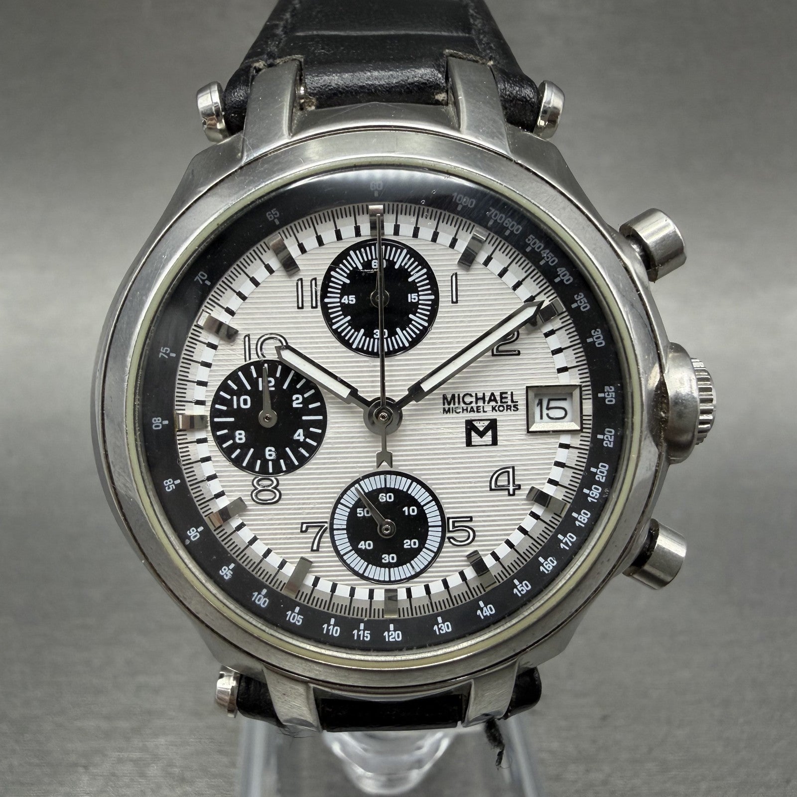 Michael Kors Chronograph Watch Women 36mm White Dial Steel Date MK5003 New Batt0