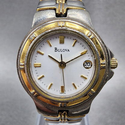 Bulova Watch Women Two Tone White Dial Date 25mm Round 98M36 New Battery1