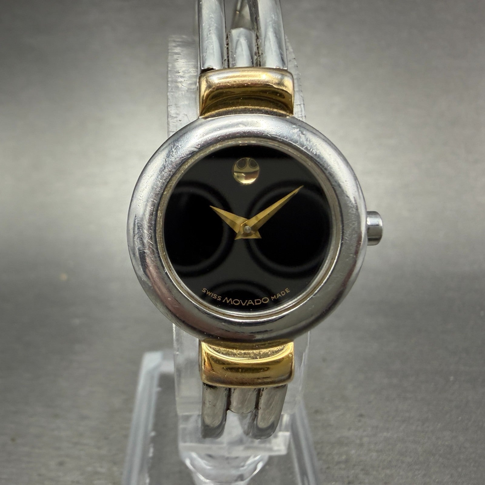 Movado Harmony Watch Women 23mm Black Dial Two Tone bangle Round New Battery NH10
