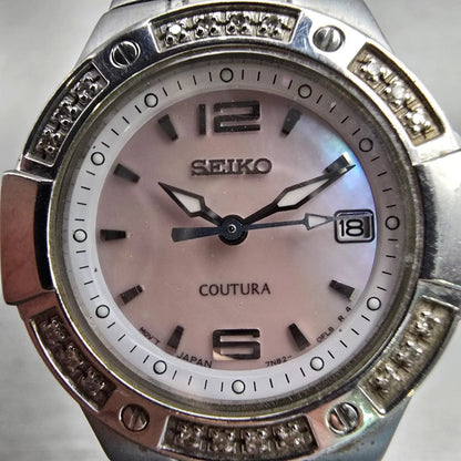 Seiko Coutura Watch Women 26mm MOP Dial Silver Tone Diamonds 7N82-0CG0 New Batt1