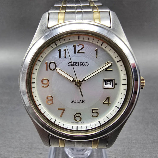 Seiko Solar Watch Men 36mm MOP Dial Two Tone Date Round V145-0BV0 Runs0