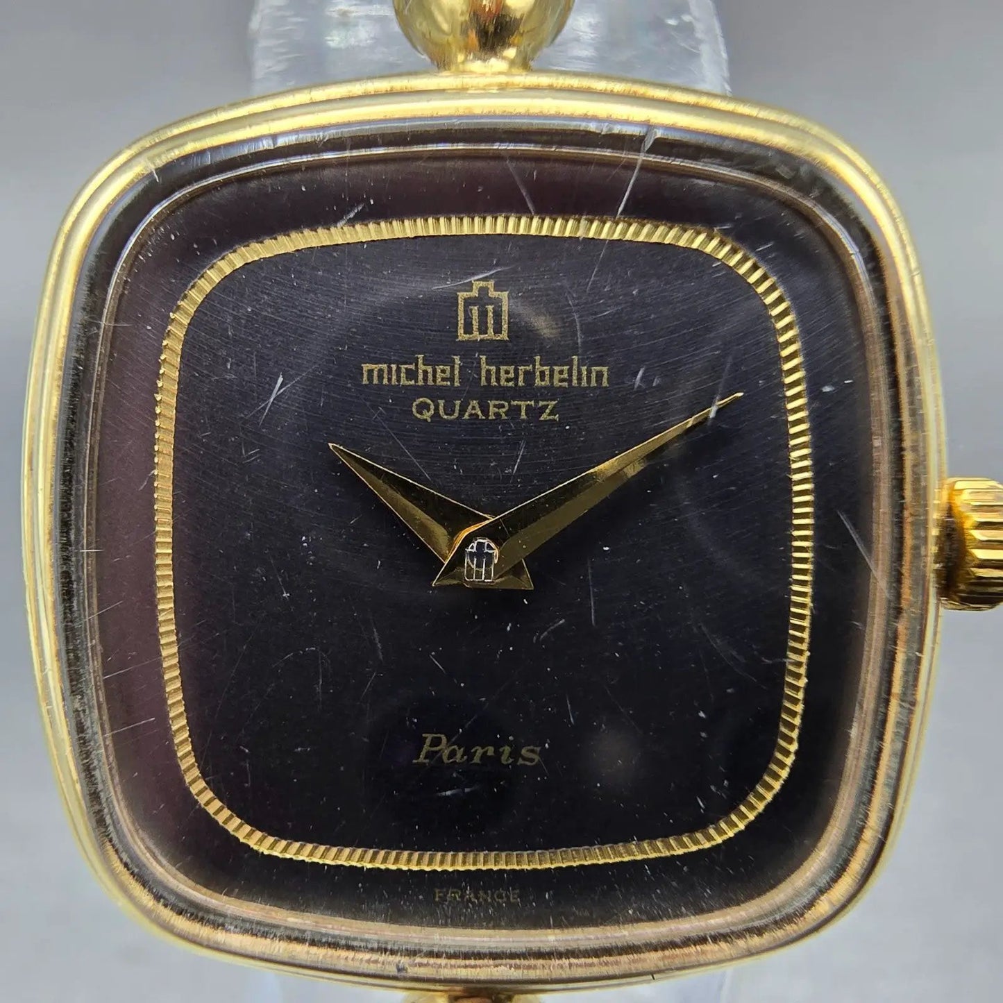 Michel Herbeln Watch Women 24mm Black Dial Gold Tone Square 9804 Vintage PARTS2