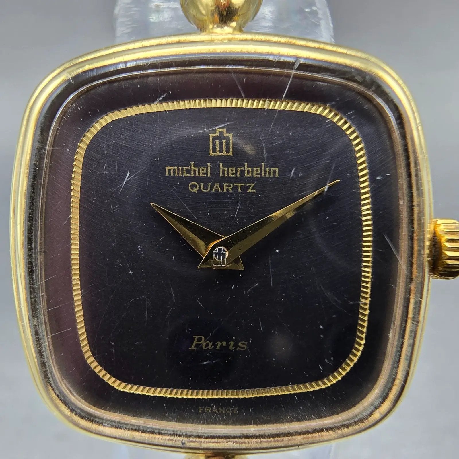 Michel Herbeln Watch Women 24mm Black Dial Gold Tone Square 9804 Vintage PARTS2