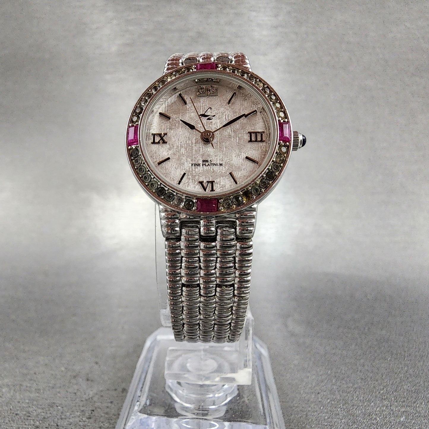 LZ Watch Women 25mm White Dial Silver Tone Ruby Bezel Diamonds Fine Plat New Bat5