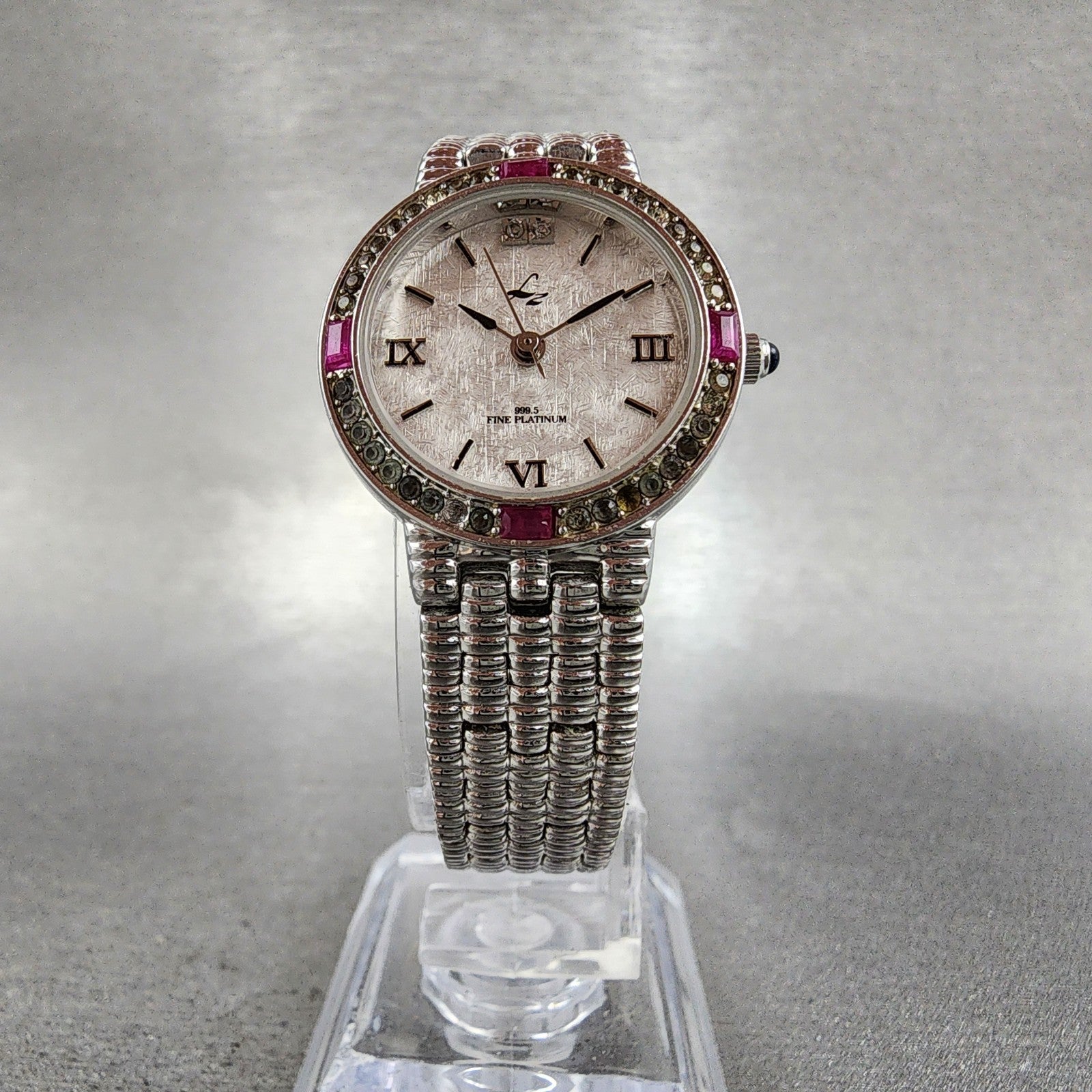 LZ Watch Women 25mm White Dial Silver Tone Ruby Bezel Diamonds Fine Plat New Bat5