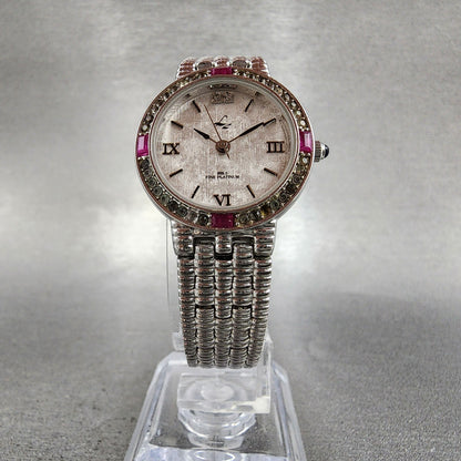 LZ Watch Women 25mm White Dial Silver Tone Ruby Bezel Diamonds Fine Plat New Bat5