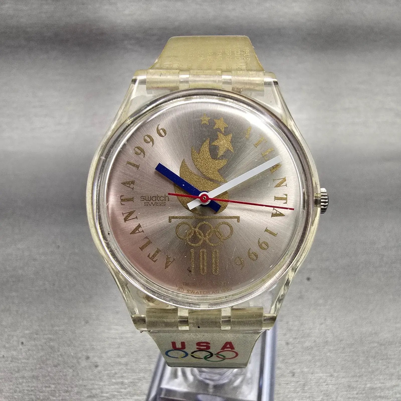 Swatch OLYMPIC TEAM Watch Men Silver Dial Clear Case Round GZ150 New Battery0