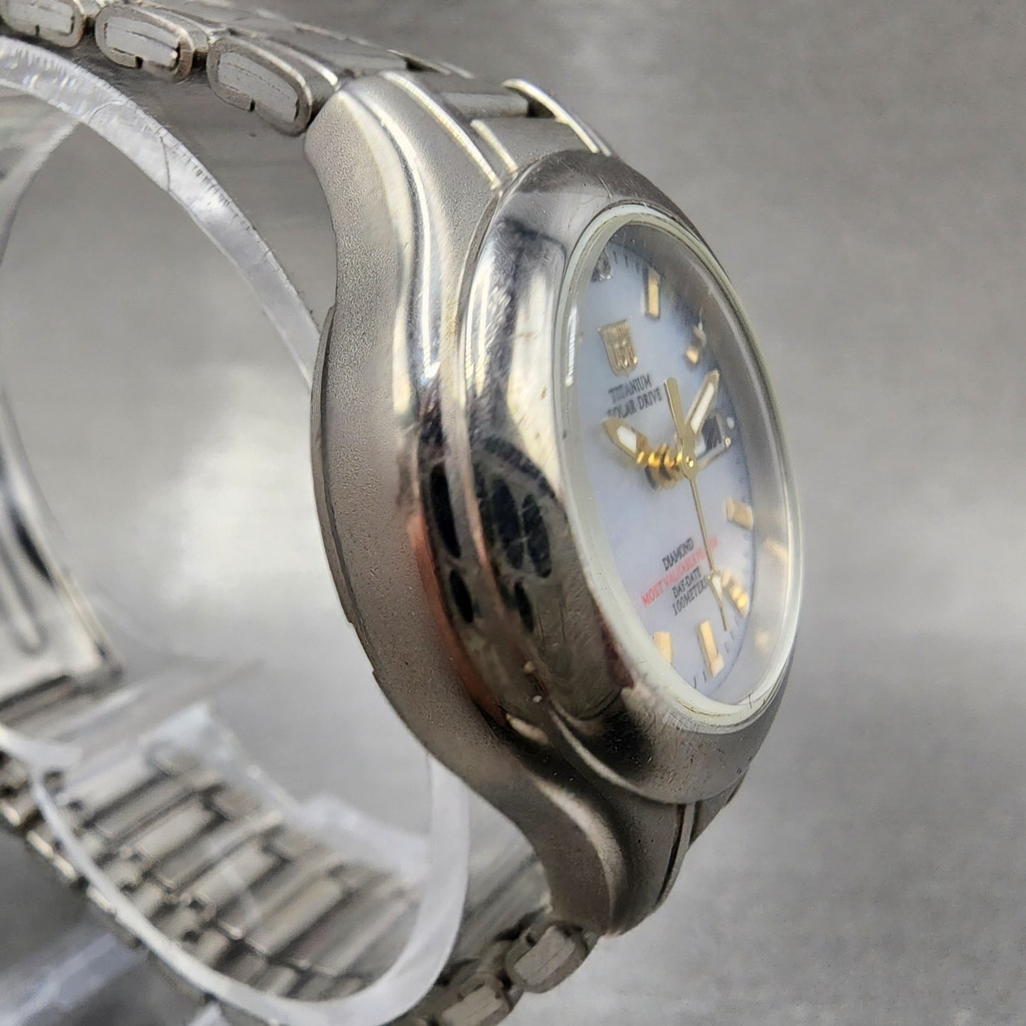 Elgin Solar Watch Women 29mm MOP Dial Titanium Gray Daydate Round FK1252C Runs3