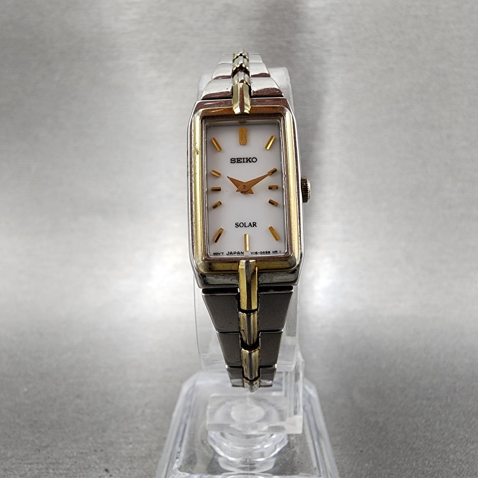 Seiko Solar Tank Watch Women 15mm White Dial Two Tone Rectangle V1160ah0 Runs5