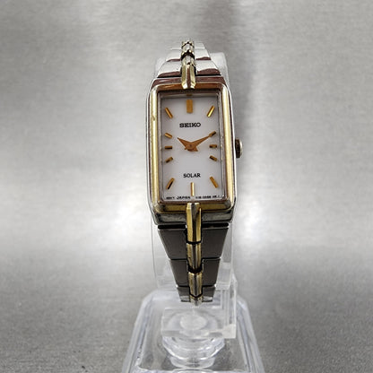Seiko Solar Tank Watch Women 15mm White Dial Two Tone Rectangle V1160ah0 Runs5