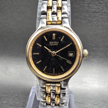 Seiko Watch Women 23mm Black Dial Two Tone Date Round 7N82-0228 New Battery JP10