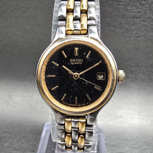 Seiko Watch Women 23mm Black Dial Two Tone Date Round 7N82-0228 New Battery JP10