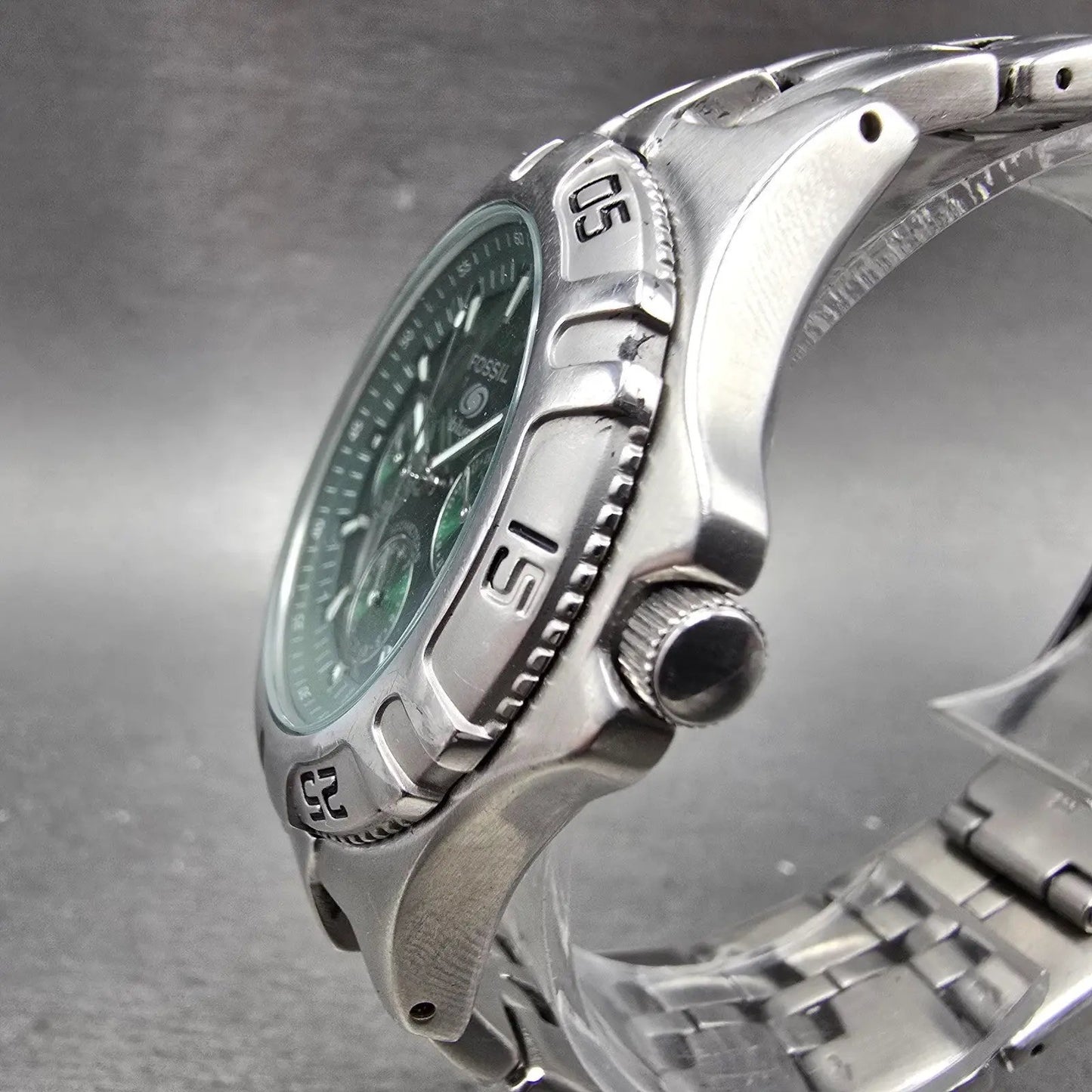 Fossil Dive Watch Men 40mm Green Dial Silver Tone Daydate Round New battery2