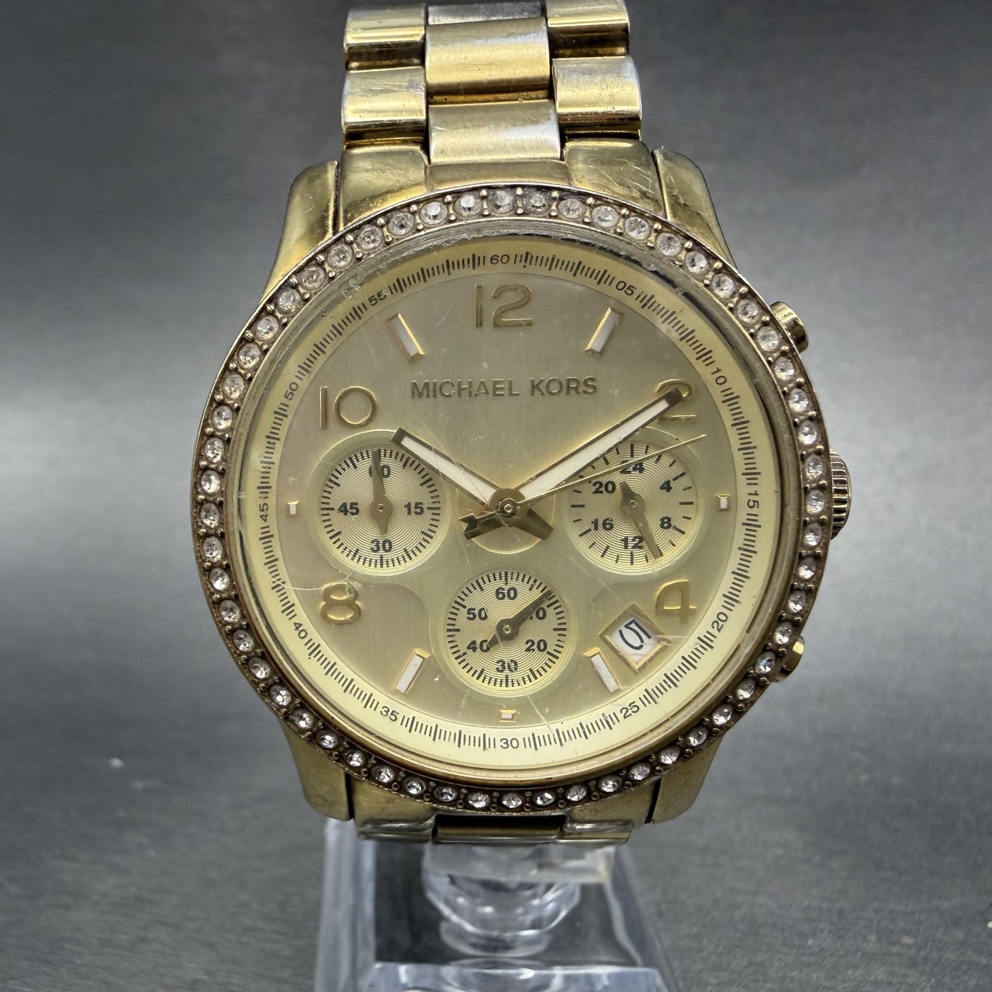 Michael Kors Chrono Watch Women 38mm Champagne Dial Gold Tone MK-5130 New Batt0