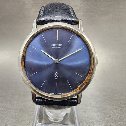 VTG Seiko Watch Men 32mm Blue Dial Steel Blue Leather Round 43-0240 New Battery