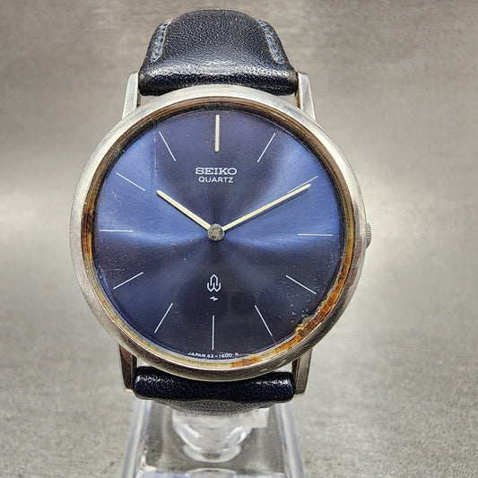 VTG Seiko Watch Men 32mm Blue Dial Steel Blue Leather Round 43-0240 New Battery