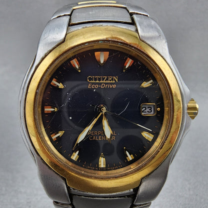 Citizen Eco-Drive Perpetual Calendar Watch Men 37mm Blue Dial Two Tone Date Runs