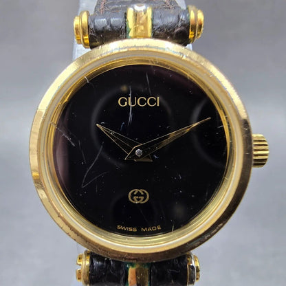 Gucci 2000L Watch Women 22mm Black Dial Gold Plated Round New Battery VTG BQWE1