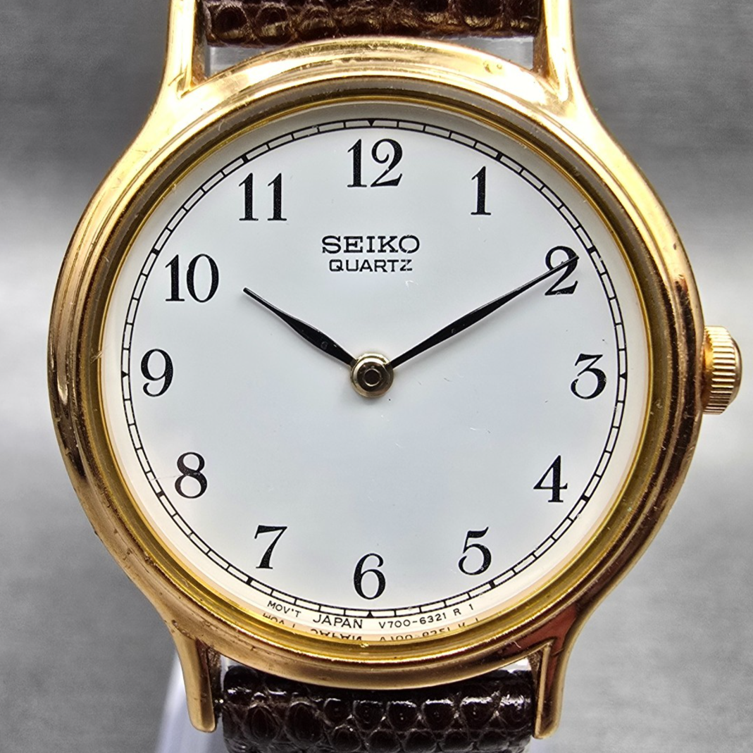 Seiko Watch Women 26mm White Dial Gold Tone Round V700-6091 New Battery Vintage1