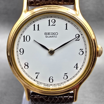 Seiko Watch Women 26mm White Dial Gold Tone Round V700-6091 New Battery Vintage1