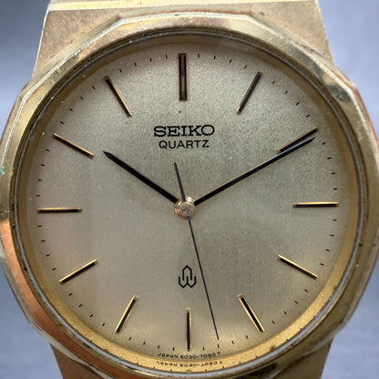 Seiko Watch Men 33mm Champagne Dial Gold Tone Round 6030-7060 New Battery VTG1