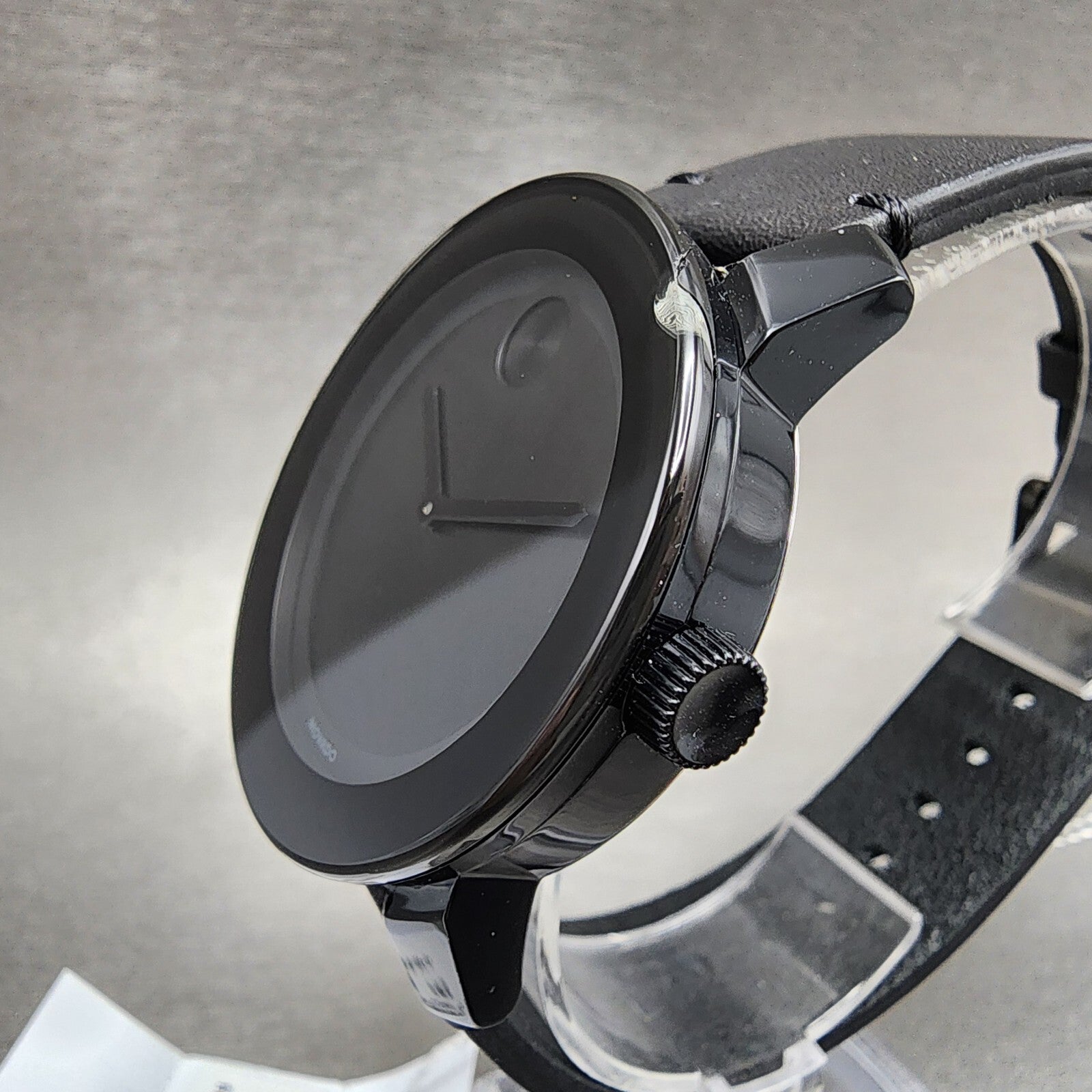 Movado Bold Watch Men 42mm Black Dial Black Tone Round 3600306 Leather Band CHIP2