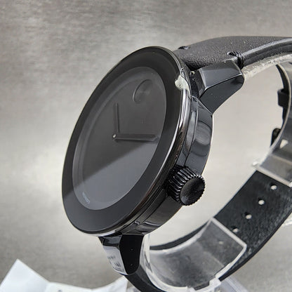 Movado Bold Watch Men 42mm Black Dial Black Tone Round 3600306 Leather Band CHIP2