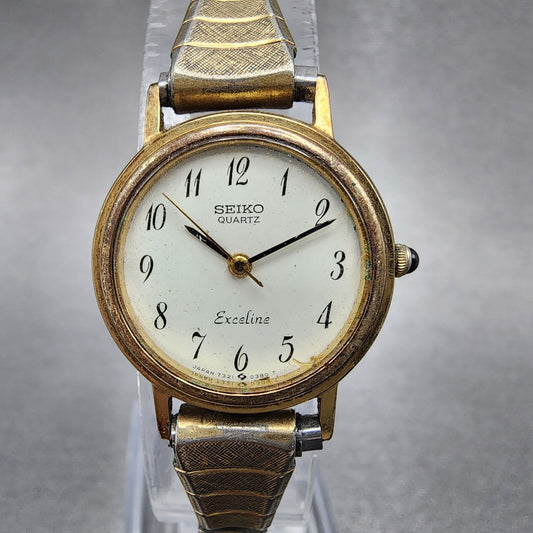 Seiko Exceline Watch Women 22mm White Dial Gold Tone Round 7321-0070 New Battery
