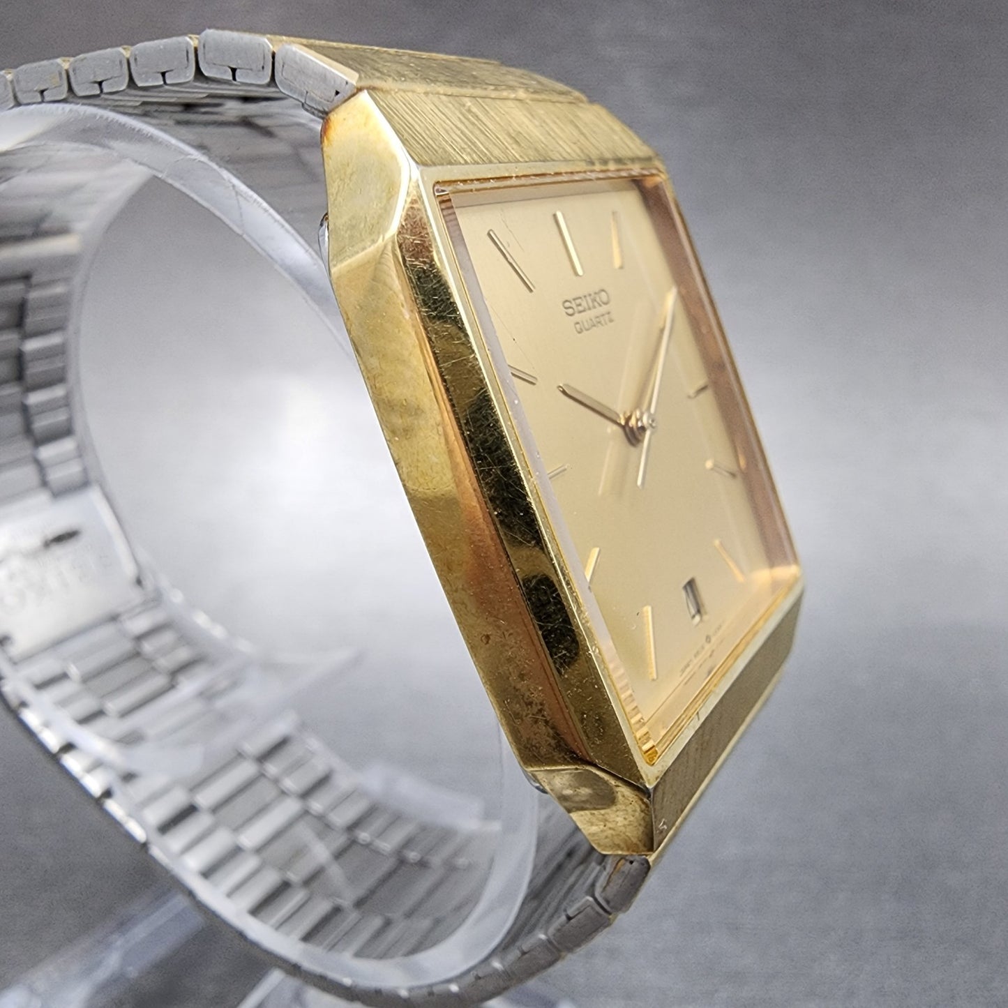 Seiko Tank Watch Men 26mm Champagne Dial Gold Tone Date 6532-5230 New Battery