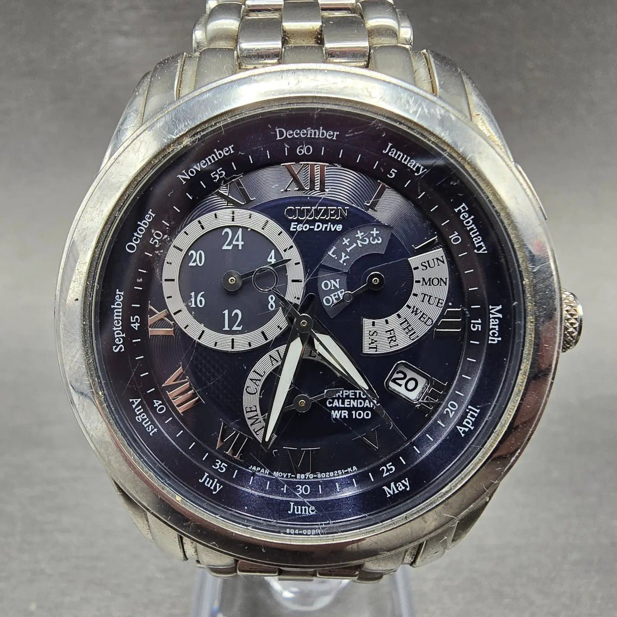 Citizen Eco-Drive Perpetual Calendar Watch Men 39mm Black Dial Steel Alarm RunsL0