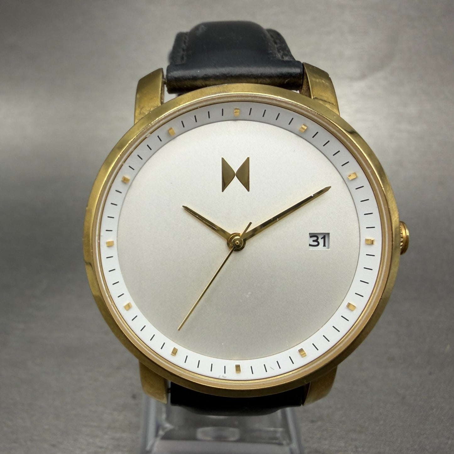 MVMT Boulevard Watch Women 38mm White Dial Gold Tone Date Leather New Battery AB0