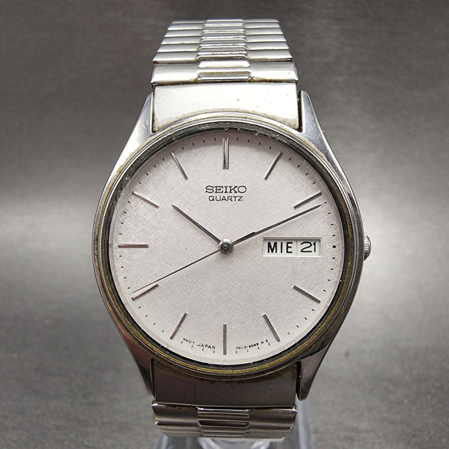 Seiko Watch Men 34mm White Dial Silver Tone Daydate 7n438a89 New Battery0