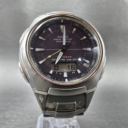 Casio Wave Ceptor Watch Men 43mm Gray Dial Silver Solar Alarm Daydate Runs JDM7