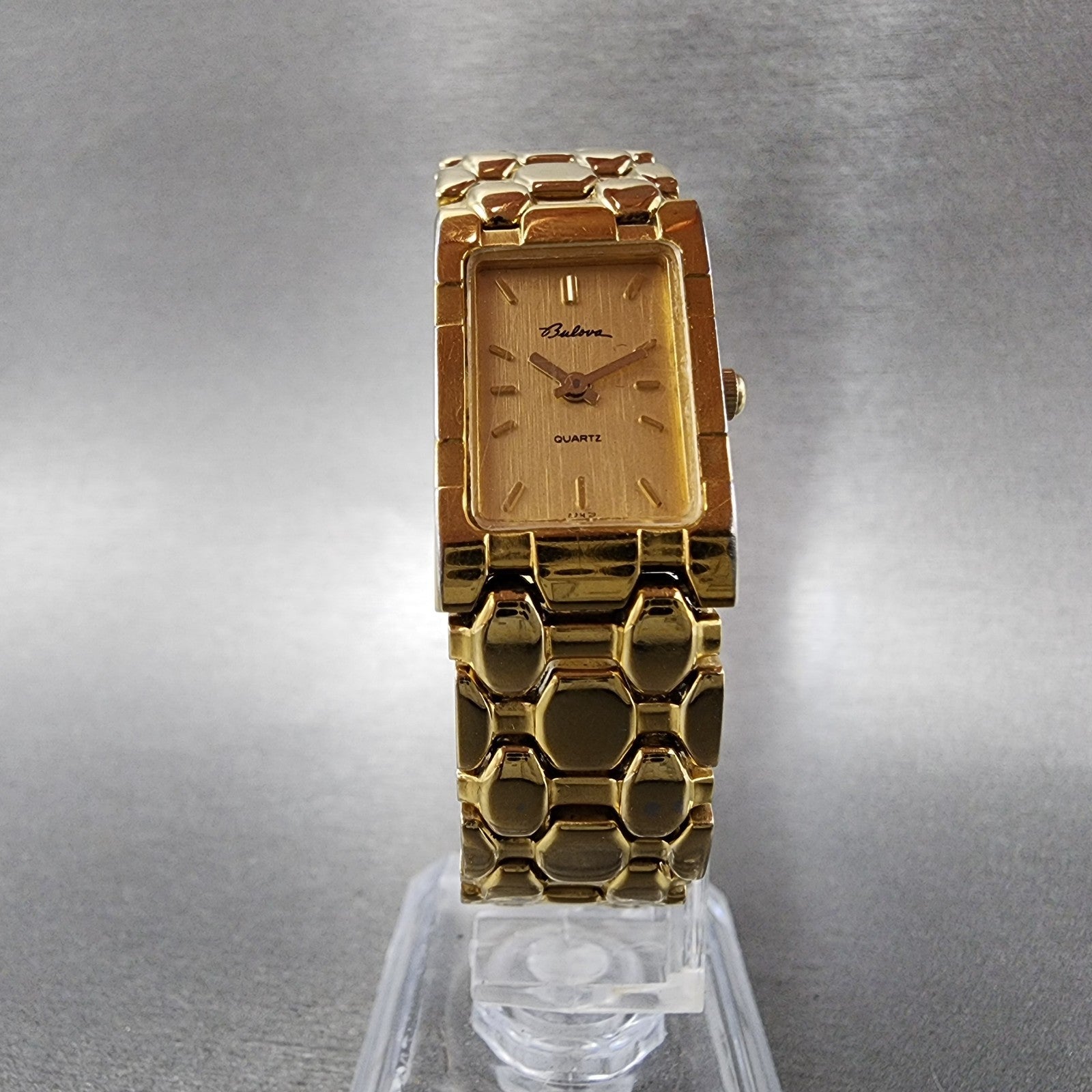 Bulova Tank Watch Women 17mm Gold Dial Gold Tone Rectangle 92H72 New Battery6