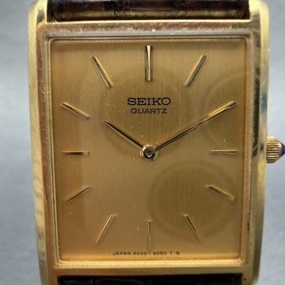 Seiko Tank Watch Men 25mm Champagne Dial Gold Tone 6020-5059 New Battery Vintage1