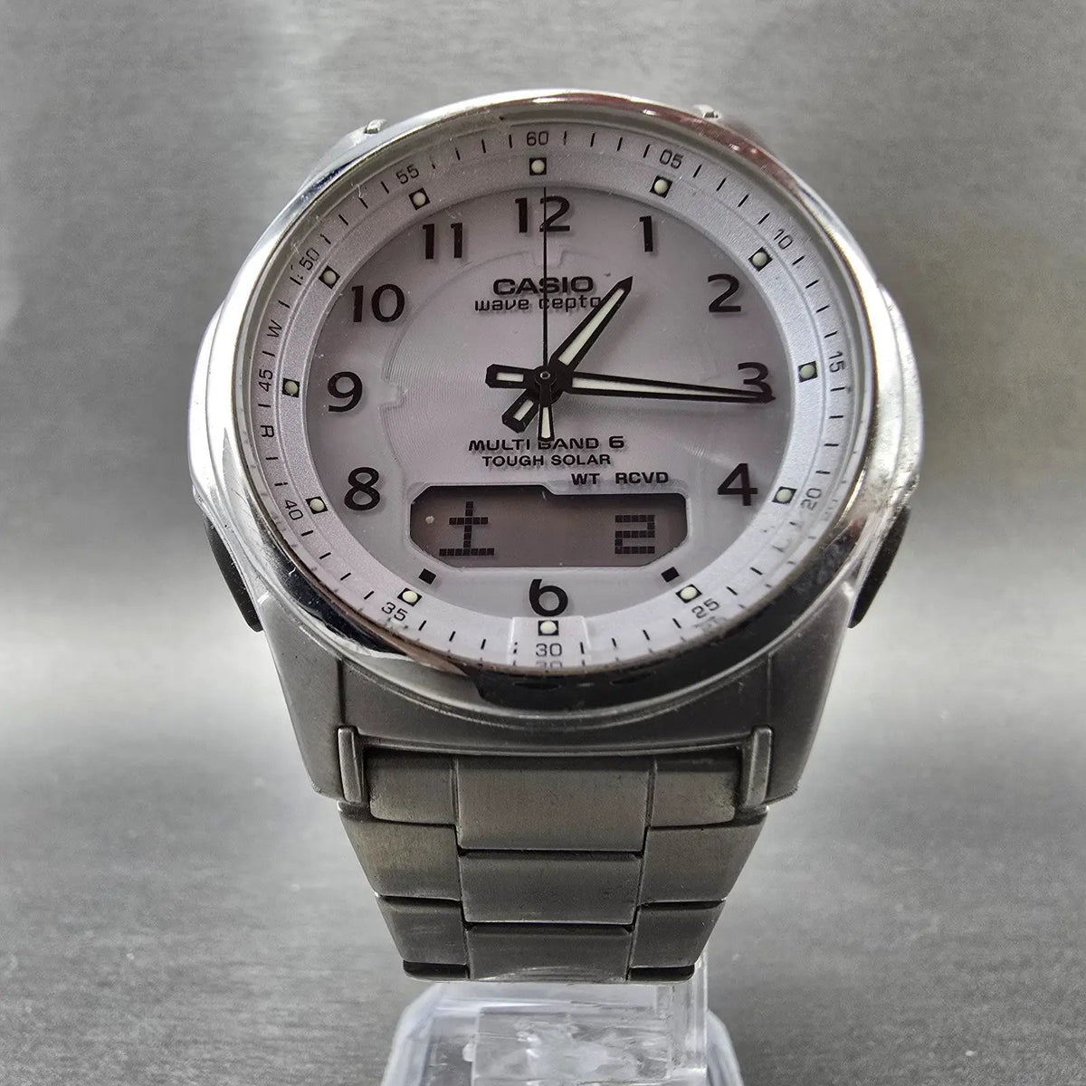 Casio Wave Ceptor Watch Men 42mm White Dial Steel Solar Analog Digital Works JP25