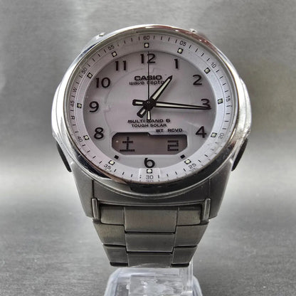 Casio Wave Ceptor Watch Men 42mm White Dial Steel Solar Analog Digital Works JP25