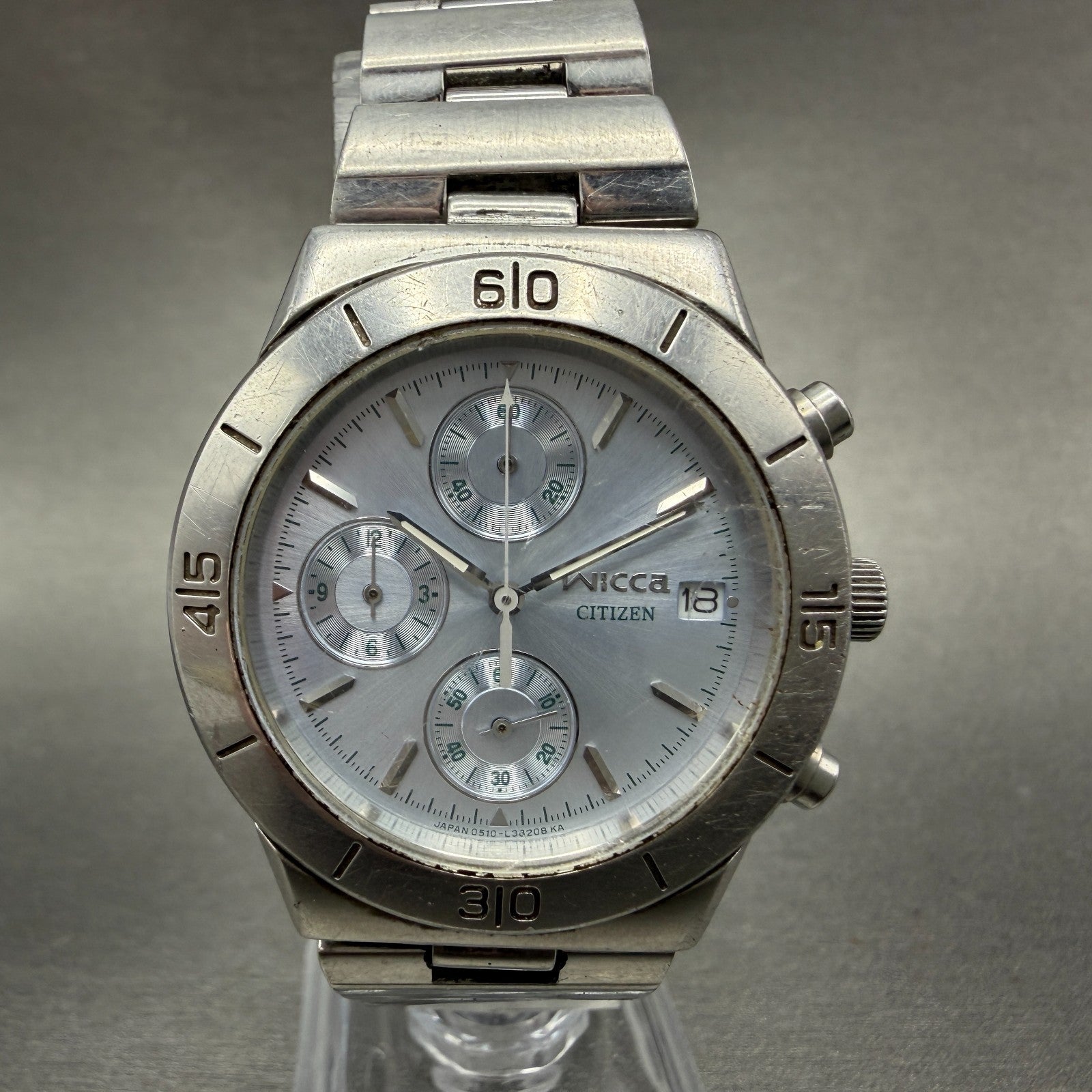 Citizen Wicca Chronograph Watch Women 35mm Blue Dial Silver Tone Date New Batt0