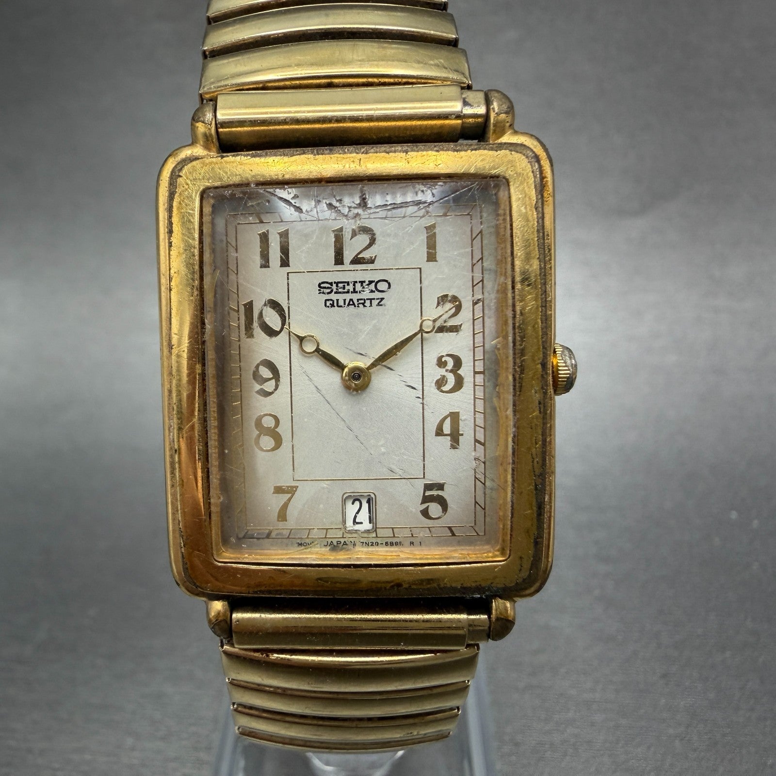 Seiko Tank Watch Men 26mm Champagne Dial Gold Tone Date READ!!! Rectangle NewBat0